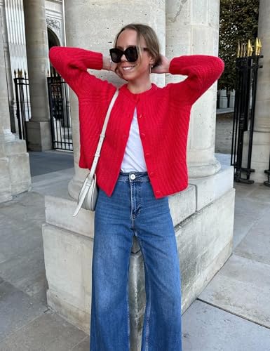 Image of Esmeling Women's Long Sleeve Crewneck Sweater Cardigans Fall Casual Solid Chunky Knit Coat