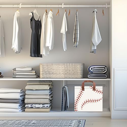 Image of Baseball Decor Storage Basket Waterproof Canvas Toy Storage Bin Baseball Room Decor Collapsible Outdoor Basket with Leather Handles Blanket Baskets For Closets,Bedrooms,Gifts Baskets