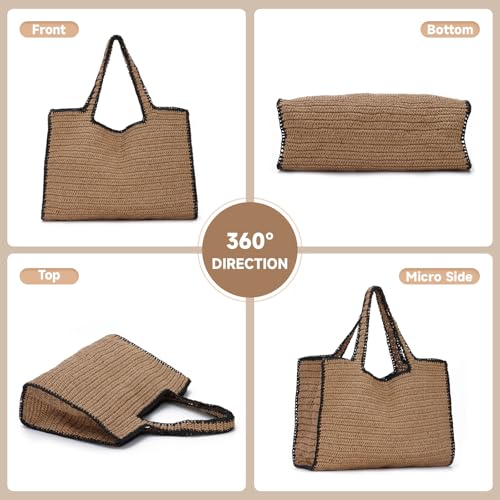 Fecialy Women Large Straw Tote Handbag Hand Woven Summer Beach Shoulder Bag Chic Casual Travel Vacation Bags4