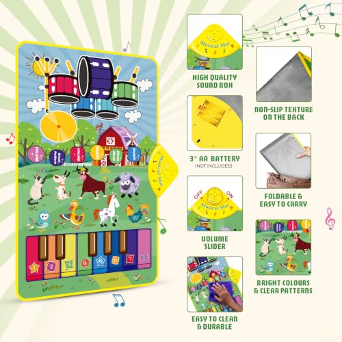 Image of 3-in-1 (Bull & Sheep ) Baby Piano Mat for , Piano & Drum Mat with 2 Sticks, Animal, Piano, and Drum Sounds, Educational Toy for 12 Months+, Ideal for 1-3 Year Toddler - Design