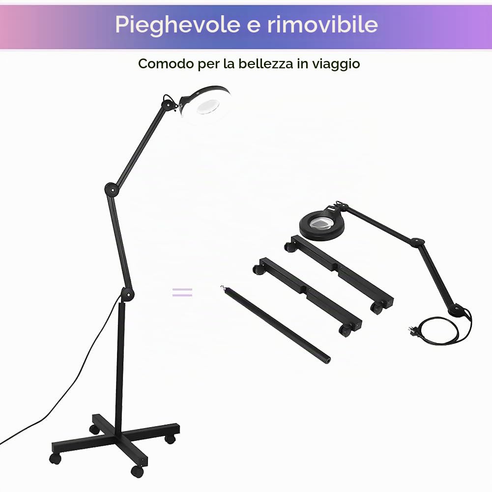Lente 5 DIOTTRIE d'Ingrandimento, 5X Lente d' ingrandimento con LED e Rotelle, Luce per Estetista, Laboratorio e Lavori di Precisione, 220-240V, Nero