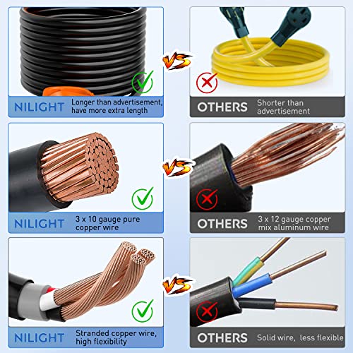 Image of Nilight 30 Amp 25FT RV Extension Cord 125V Heavy Duty 10 Gauge Pure Copper STW Wire UL ETL Listed 3 Prong TT-30P TT-30R 30F /30M Weatherproof Suit for Camper Caravan Trailer