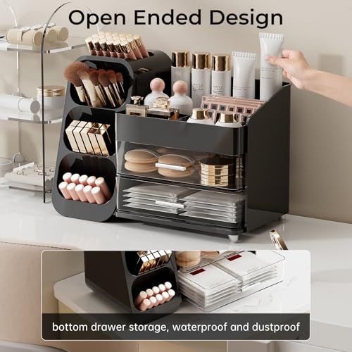 Image of UFORU Makeup Organizer for Vanity with Brush Holder, Large Capacity Bathroom Countertop Skincare Organizer with 2 Drawers, Cosmetic Display Case for Perfumes, Eyeshadow Palettes, Nail Polishes