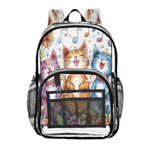 Clear Backpack for School Three Singing Cats Transparent Bookbag for Girls See Through PVC Boy Backpacks