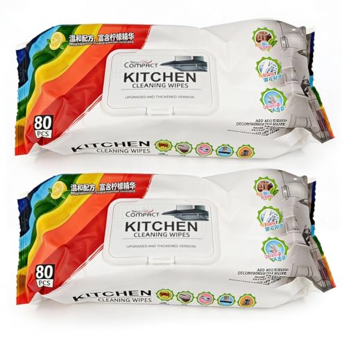 MOZZARE 2-Pack Kitchen Wet Wipes with Lemon Essence 160 Count 20x20cm Pearl Textured Spunlace Cloths 45G Food-Safe Degreasing Cleaning Wipes with Lid for Stove & Utensils