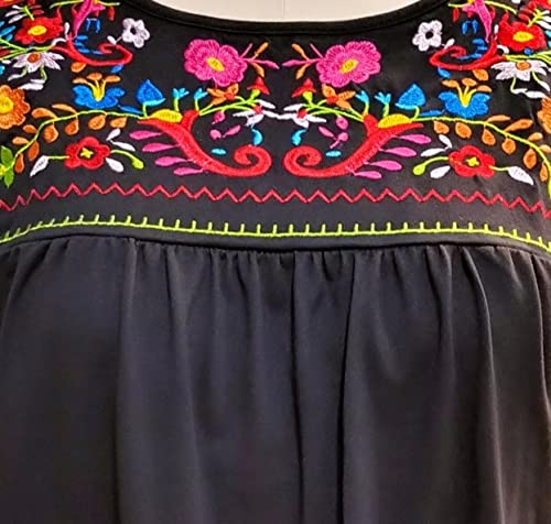 Melliflo Womens Short Sleeve Mexican Shirts Pleated Front Floral Embroidered Tee Shirt Loose Peasant Tunic Tops4