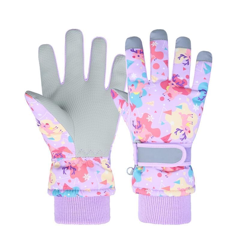 FAYHIJUN Handschuhe Kinder Winter schneehandschuhe Skihandschuhe für 1-13 Jahre Mädchen Jungen PU Palme Wasserdicht Winddichte Warm Fleece Winterhandschuhe Fahrradhandschuhe (Elchhirsch-Lila M)