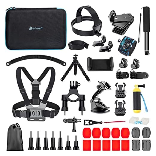 Artman Action Camera Accesorios Kit 60-en-1 para Gopro Hero 11 10 9 8 7 6 5 4 3 2 1 Negro Max Insta360 go 2 Fusion Session Silver Akaso DJI Xiaomi Yi Apeman 2018 Insta360 EK5000 EK7000 4K - Negro