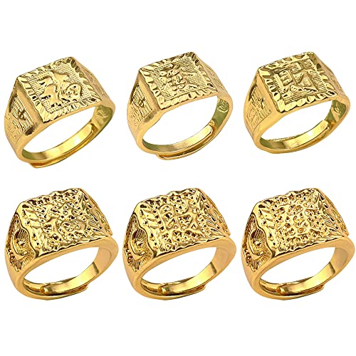 CYUaoao 6 Pieza Anillo de Hip Hop Rock Anillo de Kanji Chinoiserie Bendiciones y Riquezas Anillo Ajustable Anillo de Oro Hombre Anillo de Boda