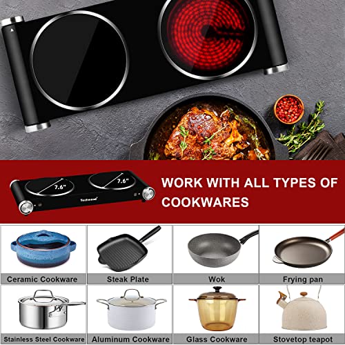 Hot Plate, Techwood 1800W Dual Electric Stove, Countertop Stove Double Burner for Cooking, Infrared Ceramic Hot Plates Double Cooktop, Brushed Stainless Steel Easy to Clean Upgraded Version, Black - Image 5