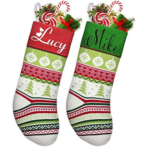 Xiuyours Personalised Knitted Christmas Stockings Set of 2 3 4 Custom Christmas Stocking with Name Customised Xmas Gift Bag Tree Decorations for Family Kids, 2 Pack Cover