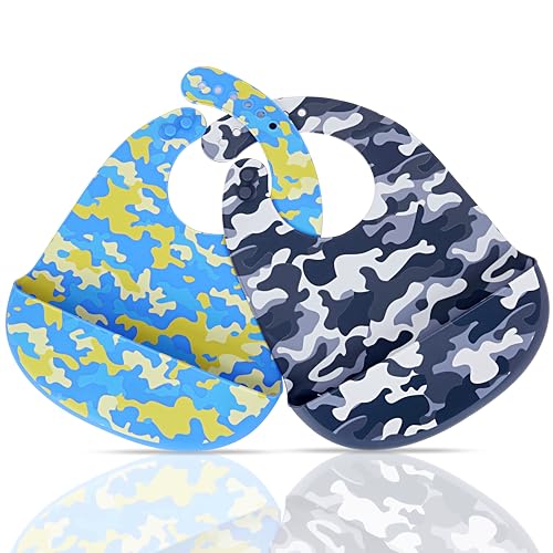 Pack of 2 Silicone Bibs for Babies and Toddlers | Kids Adjustable Soft Waterproof Silicone Bibs with Food Catcher