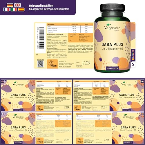 Gaba Vegavero® Hochdosiert 1.000 mg Gamma Aminobuttersäure pro Portion Mit L-Theanin & Vitamin B6 120 vegane Kapseln Ohn