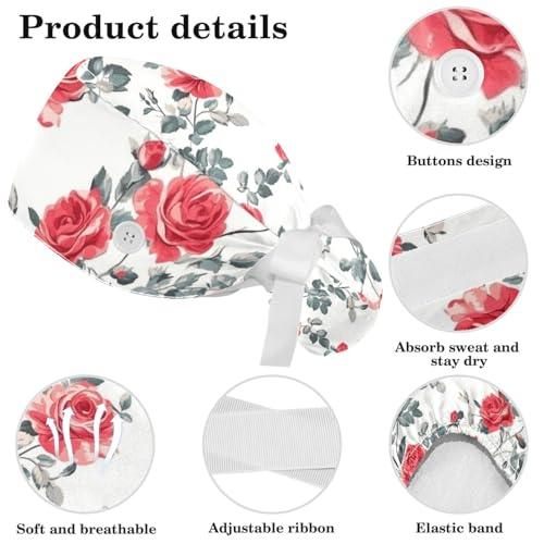 Image of Red Blooming Rose Flowers Black Working Cap with Scrunchy and Ribbon Tie for Women, Long Hair