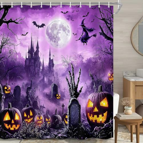 Image of Boziqr Halloween Shower Curtain Scary Night Moon Witch Haunted House Pumpkin Bathroom Decor Fall Autumn Gothic Bath Curtain Purple Waterproof Polyester Fabric Set 70 x 70 Inch