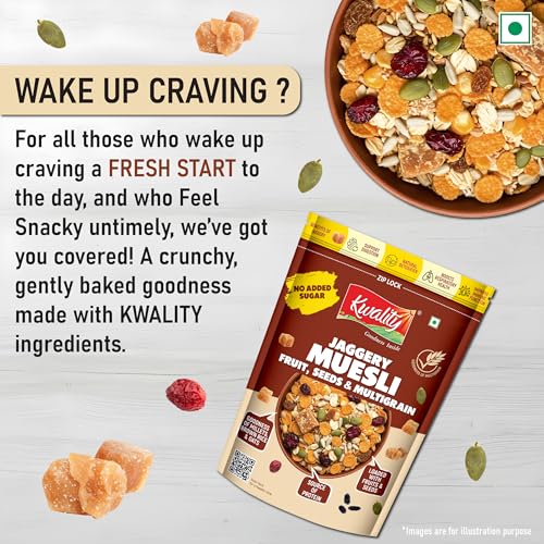 Image of Kwality Muesli Jaggery, Fruits, Seeds & Crunch 400g | Goodness Millets Brown Rice & Oats | 66% Multi Grain Mix Natural Sweetener | High-Fibre, Multigrain Breakfast Cereal with Crunch & Nutrition | Natural sweetner Jaggery