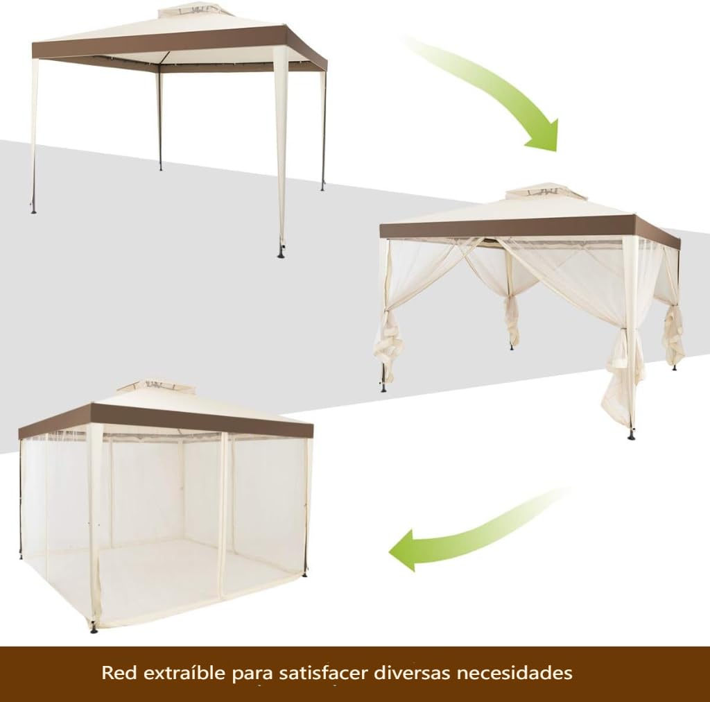 GOPLUS Carpa Plegable 3 X 3 M con Doble Techo, Pabellón Gazebo de Jardín Impermeable con 4 Mosquiteras Transparente, Cenador Metálica para Exterior Terraza,Camping (Beige)