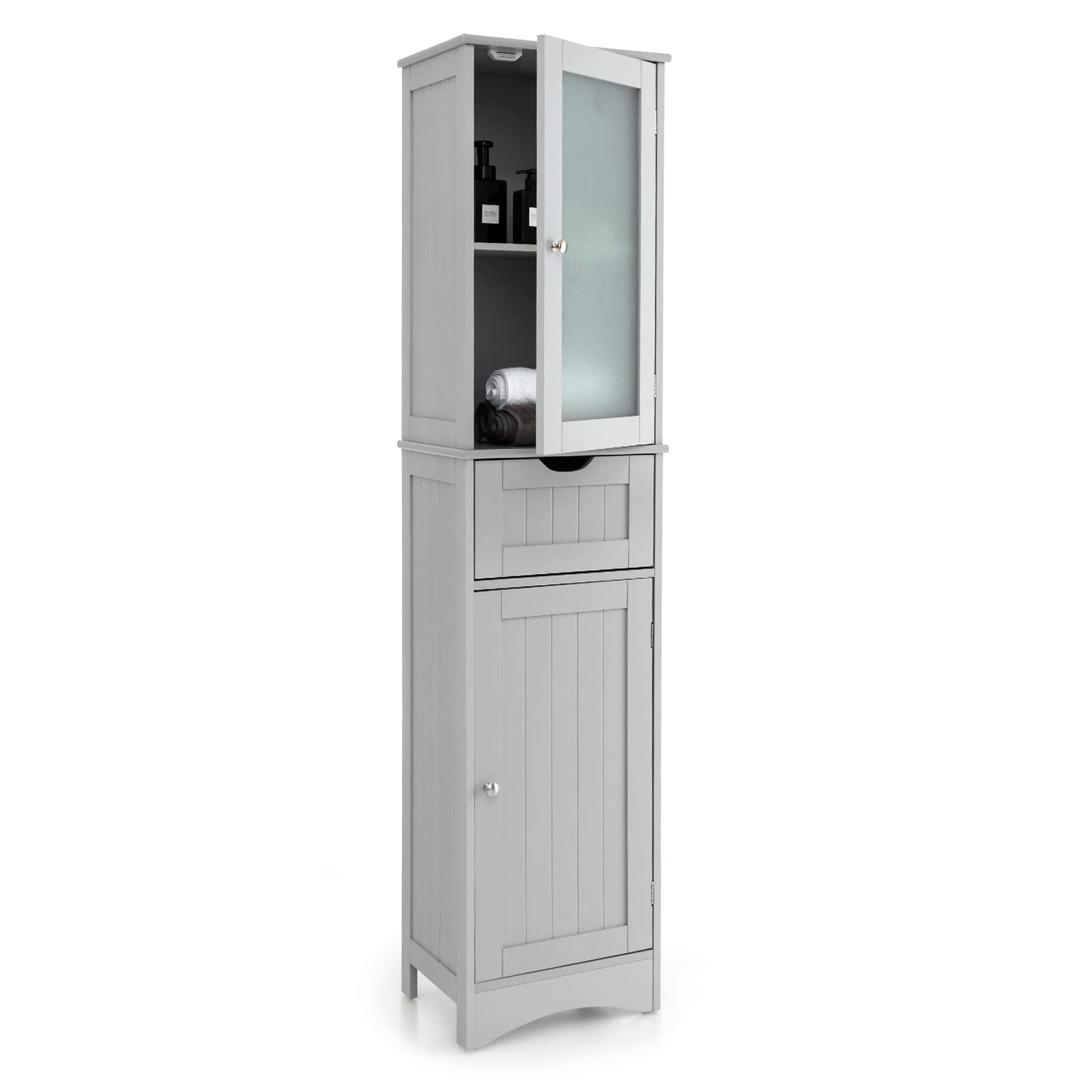Giantex - Mueble de columna de baño, 170 cm, armario con 2 estantes ajustables, 2 puertas y 1 cajón, vidrio templado esmerilado, mueble de almacenamiento para inodoro, sala de estar, dormitorio (gris)