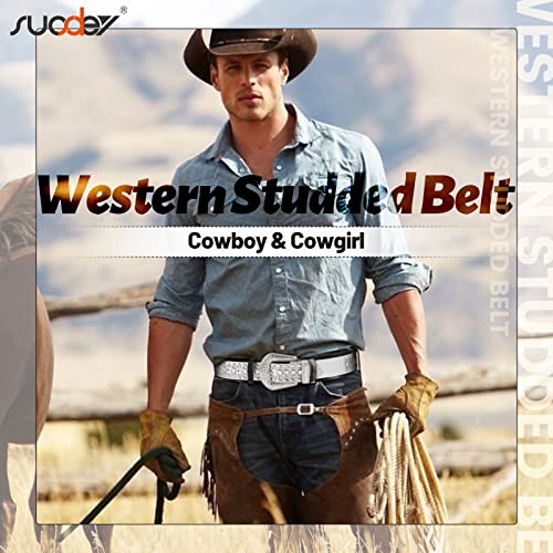 SUOSDEY Rhinestone Belt Men Women Western Bling Cowboy Studded Leather Belt Silver Shiny Buckle Belt for Jeans Pants3