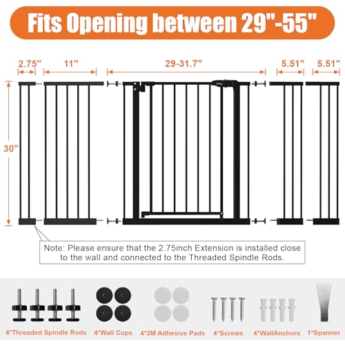 Image of keny 29 inch-55 inch Extra Wide Baby Gate, Pressure Mounted No Drilling Dog Gate | for Stairs Doorways, Easy Walk Through Safety Gate for Babies or Pets, 30 inch Tall, Black