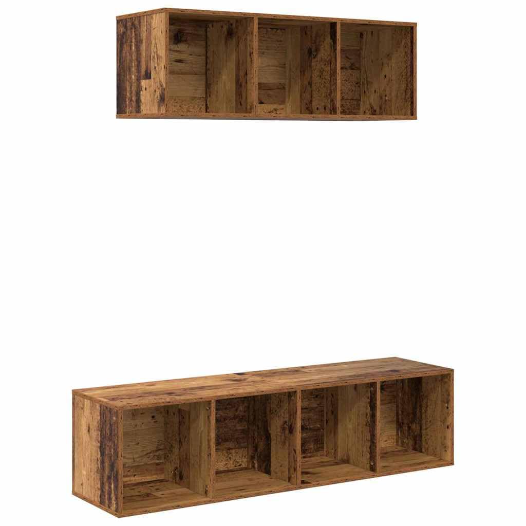 TV-Schrankset Wandmontiert 2-teilig, Altholz Optik, Holzwerkstoff, schwebendes Lowboard für Wohnzimmer, Media Center, 37x37x142,5 cm