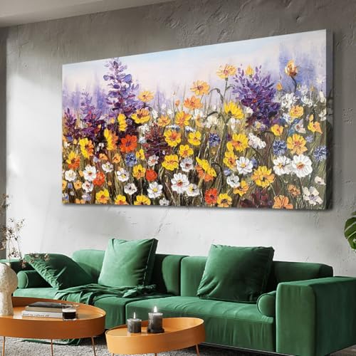 Ardemy Flower Canvas Wall Art for Living Room Daisy Colorful Textured Picture Bedroom, Wildflower Painting Purple Yellow Floral Artwork Large Framed for Home Office Wall Decor, 40"x20" 40"L