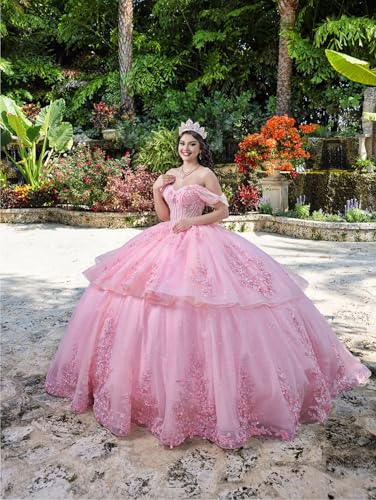 Lace Appliques Quinceanera Dresses Ruffled Ball Gown with Train Puffy Sweet 15 16 Dresses YU0233