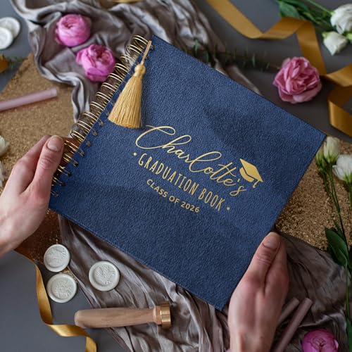 Image of Graduation Guest Book - Grad Party Sign-In Book, Custom Scrapbook Photo Album to Sign with Polaroid Instax Photos - Fits 4x6 or 5x7 Pictures (Navy, Small - 8.3x8.3 inch)