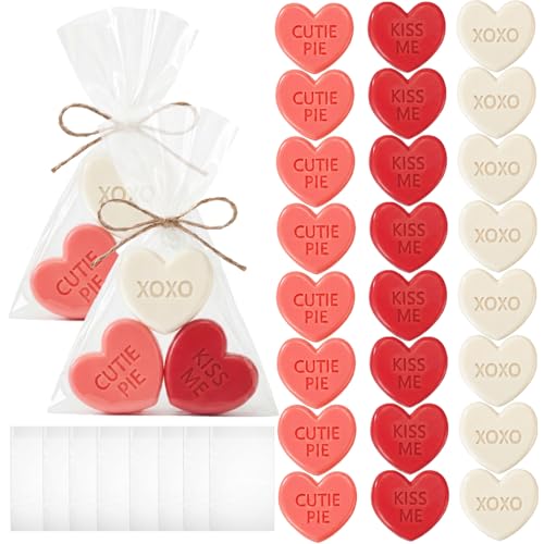 Loopeer 24 Sets Mini Heart Soaps Bulk Conversation Hand Made Soap with Cards Design Soaps Gift Set with Card and Bag for Wedding Gifts (Red Pink White)