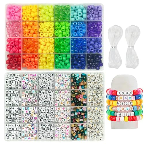 Kit de cuentas de poni para hacer pulseras de la amistad, 24 colores, 720 piezas de arcoíris a granel y 980 piezas de letras con 24 cuentas de letras.