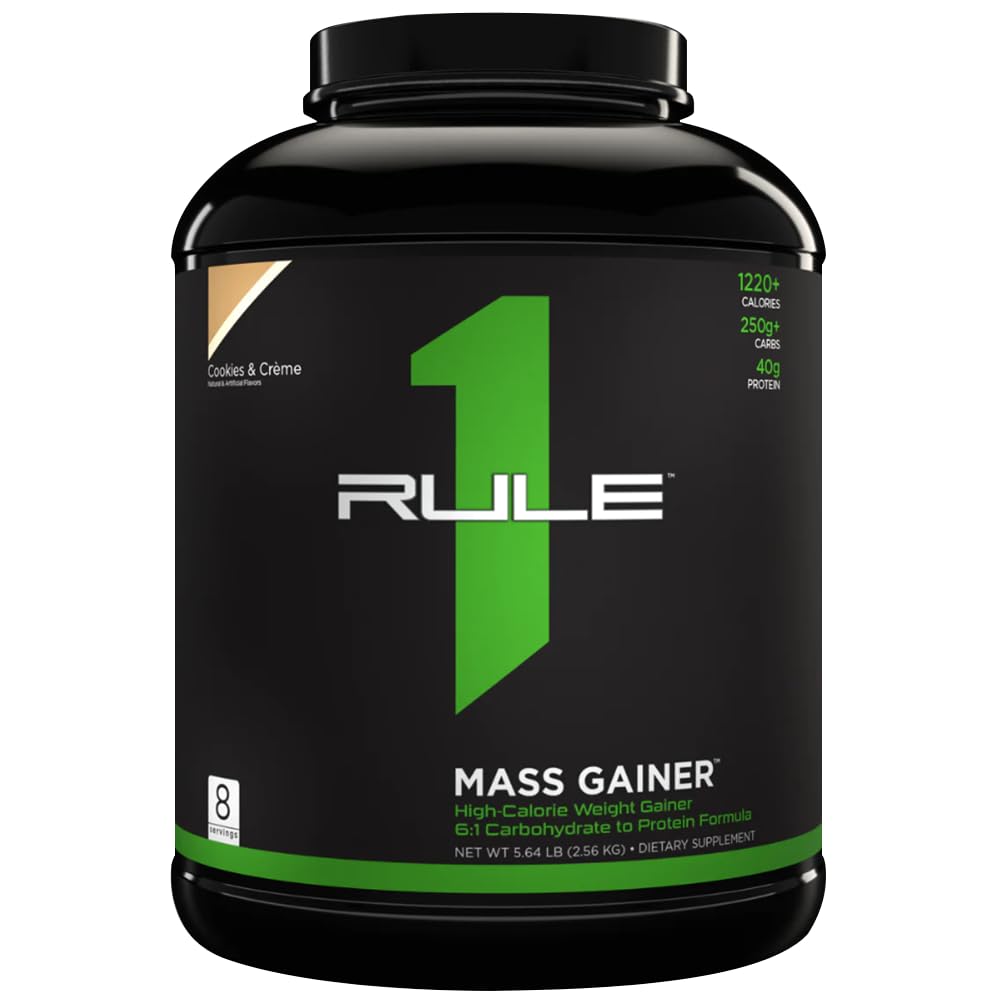 Rule 1 Mass Gainer, (Cookies & Cream, 5.78 LB), Over 1,220 Calories Per Serving, 40g All-Whey Protein, 250g+ Complex Carbohydrates, 9g BCAAs, Creatine Enhanced.
