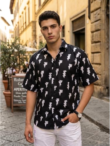 Image of BROWN CULTURE Men's Cotton Blend Printed Shirt with Spread Collared Neck Half Sleeves Oversized Straight Hem Length and Button Down Closure | Formal Shirts for Men