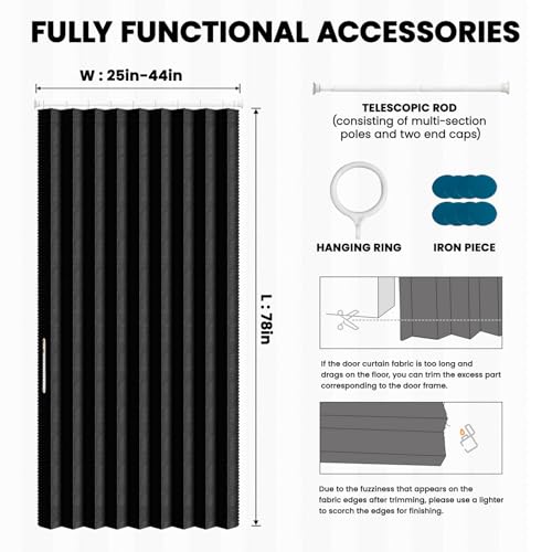 Image of Blackout Sliding Door Curtains for Doorways with Curtain Rods Adjustable 28-39 inch Long, Accordion Doors Magnetic Door Curtain for Bedroom Living Room Doorway Curtain Sets (1 Pack, 44 W x 78 L,Black)