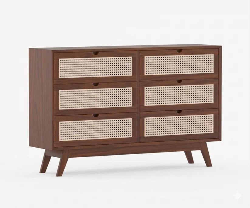 Image of Space Galaxy Sheesham Wood Chest of Drawer with Cane Rattan Fronts | 6 Drawer Storage Cabinet & Wooden Dresser | Mid Century Modern Furniture Organizer for Bedroom, Living Room & Home | Natural Finish