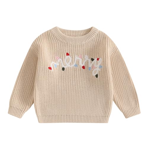 Toddler Baby Girl Boy Christmas Sweaters Long Sleeve Letter Embroidery Knit Pullover Tops 3T 4T 5T 6T Kids Clothes (Beige, 5-6 Years)