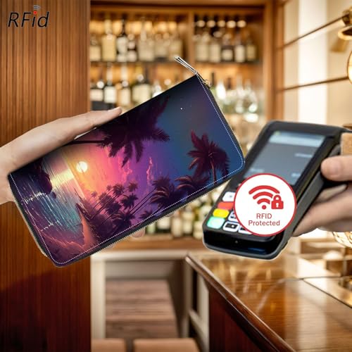 Bxgolkgd Womens Wallet, RFID Blocking Leather Wallet,Large Capacity Wallet Credit Card Holder PU Leather Ladies Clutch with Zipper Coin Pocket - Beach Palms3