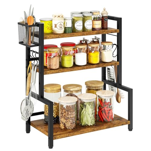 YMYNY Estante para Especias con Cesta Metálica, Estante de Encimera para Armario, Organizador con 6 Ganchos, Soportes para Botes de Especias, Para Cocina, Baño, 43 x 24 x 53CM Marrón Rústico HSR006H
