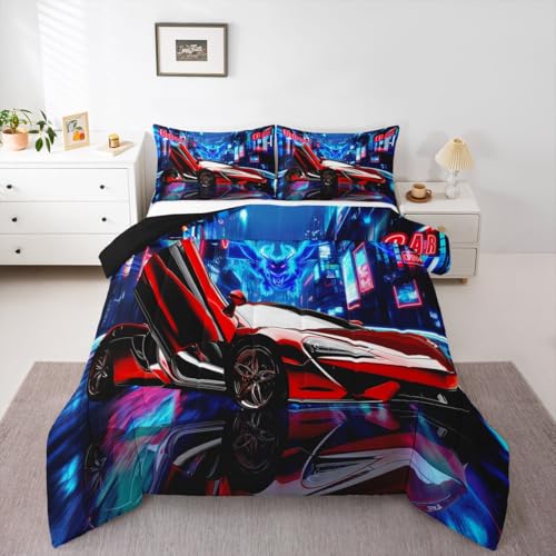 Image of Feelyou Red Race Car Comforter Boys Speed Sports Car Bedding Set for Kids Boys Girls Racing Car Comforter Set Extreme Sports Duvet Set 1 Comforter Set with 2 Pillowcases King Size Boys