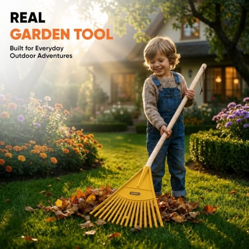 Image of Pack of 12 Kids Rake with Hardwood Handle, Durable Plastic Head to Sweep Leaves in Lawn and Tidying Up The Garden, 34 inch (Yellow)