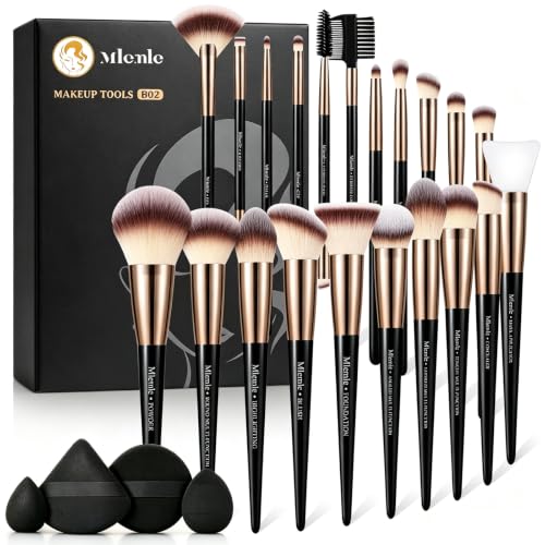 Makeup Brushes Set Mlemle Professional 25 Pcs Makeup Kit Include Powder Foundation Concealers Blush Eye shadows 21 Pcs Makeup Brushes and 2 Powder Puff 2 Makeup Sponge(B02-CreamBlack)