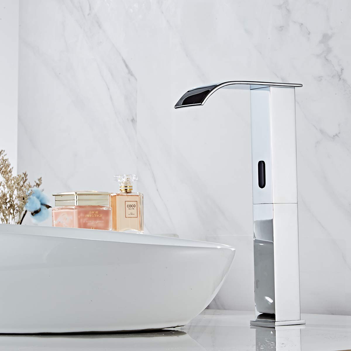 Automatic Sensor Bathroom Vessel Sink Faucet Waterfall Electronic Motion Bathroom Faucet Square Body Touch-Less Hands Free Energy Saving Water Tap Dual Powered One Hole Lavatory Vanity Basin Faucet