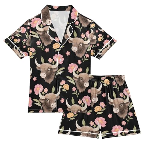 senya High Cows with Flowers A Satin Summer Pajama Sets Silk Short Sleeve Button Down Sleepwear