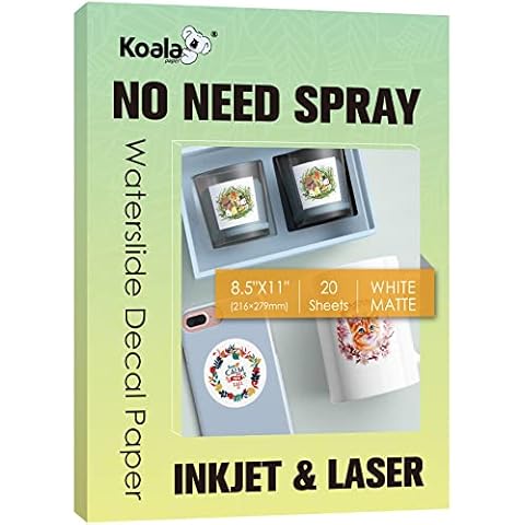 KOALA Matte Waterslide Decal Paper for INKJET & LASER Printers, No Need Spray Coating, White 8.5x11 Inch Water Slide Paper for DIY Tumbler, Mug, Nail Crafts, 20 Sheets Cover