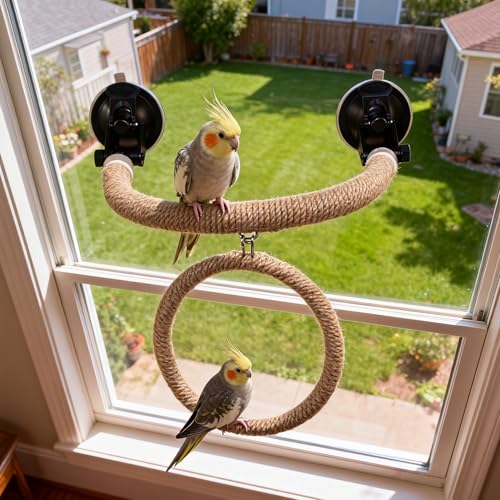 Natural Flax Bird Perch Stand Strong Suction Cups Bird Window Perch | Movable Parrot Training Perch for Window Mirror Car Tiles | Universal for Budgie Cockatiel Conure (U-Shaped Perch + Swing)