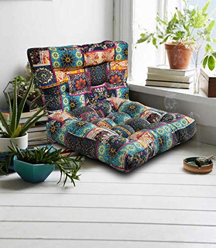 Boho Square Floor Seat Pillows Cushions 22" X 22", Soft Cotton Linen Bohemian Yoga Mandala Meditation Pouf Tatami Floor Pillow Cushion For Living Room Adults & Kids Casual Reading Nooks,Flowers Beige #TOP5