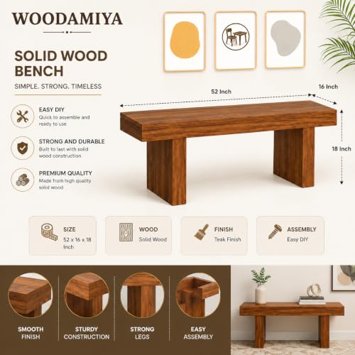 Image of Strong & Durable Solid Wood Bench for Home, Office & Waiting Area | Multipurpose Bench with Comfortable Seating | Up to 320 kg Seating Capacity | Teak Finish | 52 x 16 x 18 Inch | Easy DIY