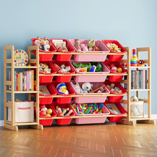 Image of SpaceAid Toy Storage Organizer with 6 Shelves and 16 Bins, Toy Organizers Storage Bookshelf, Kids Bin Shelf Toys Box Bookcase for Bedroom Playroom Organization Room Decor, Red and Pink
