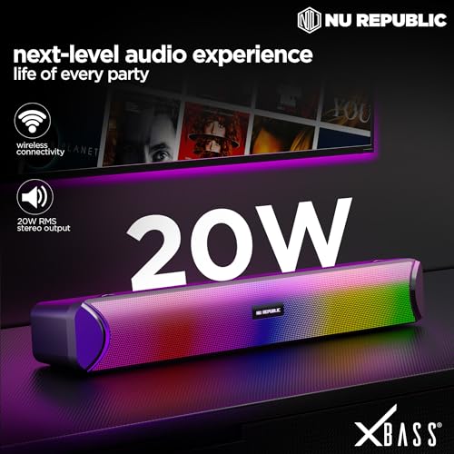 Image of Nu Republic Party Box 200 Bluetooth Soundbar with X-Bass Technology, 52mm Dual Dynamic Drivers, 20W Output, Upto 16 Hrs Playtime, Multiple RGB LED Lights, USB Port, Bluetooth 5.3v (Black, 2.0 Channel)