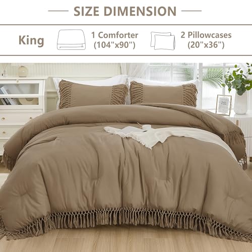 Image of Andency Taupe Comforter Set King, 3 Pieces Boho Tassel Lightweight Soft Bedding Comforter Sets for King Bed, All Season Fluffy Fringe Bed Set (104x90In Comforter & 2 Pillowcases)