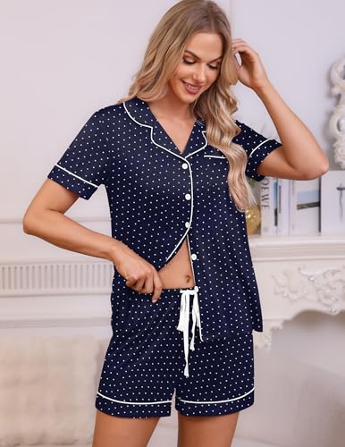 Image of HNG Womens Pajama Sets Labor And Delivery Pajamas Comfy Pajamas For Women Set Womens 2 Piece Cotton Sets Navy Dot,M
